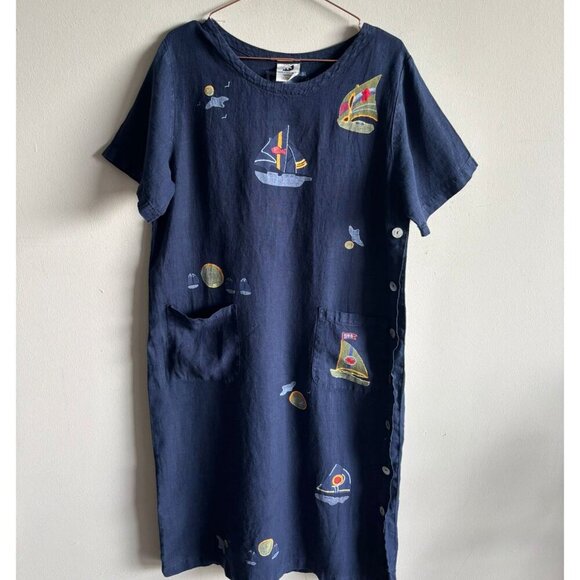 Blue-Eyed Bear Womens 100% Linen Dress Dark Blue Size Large - Picture 8 of 9